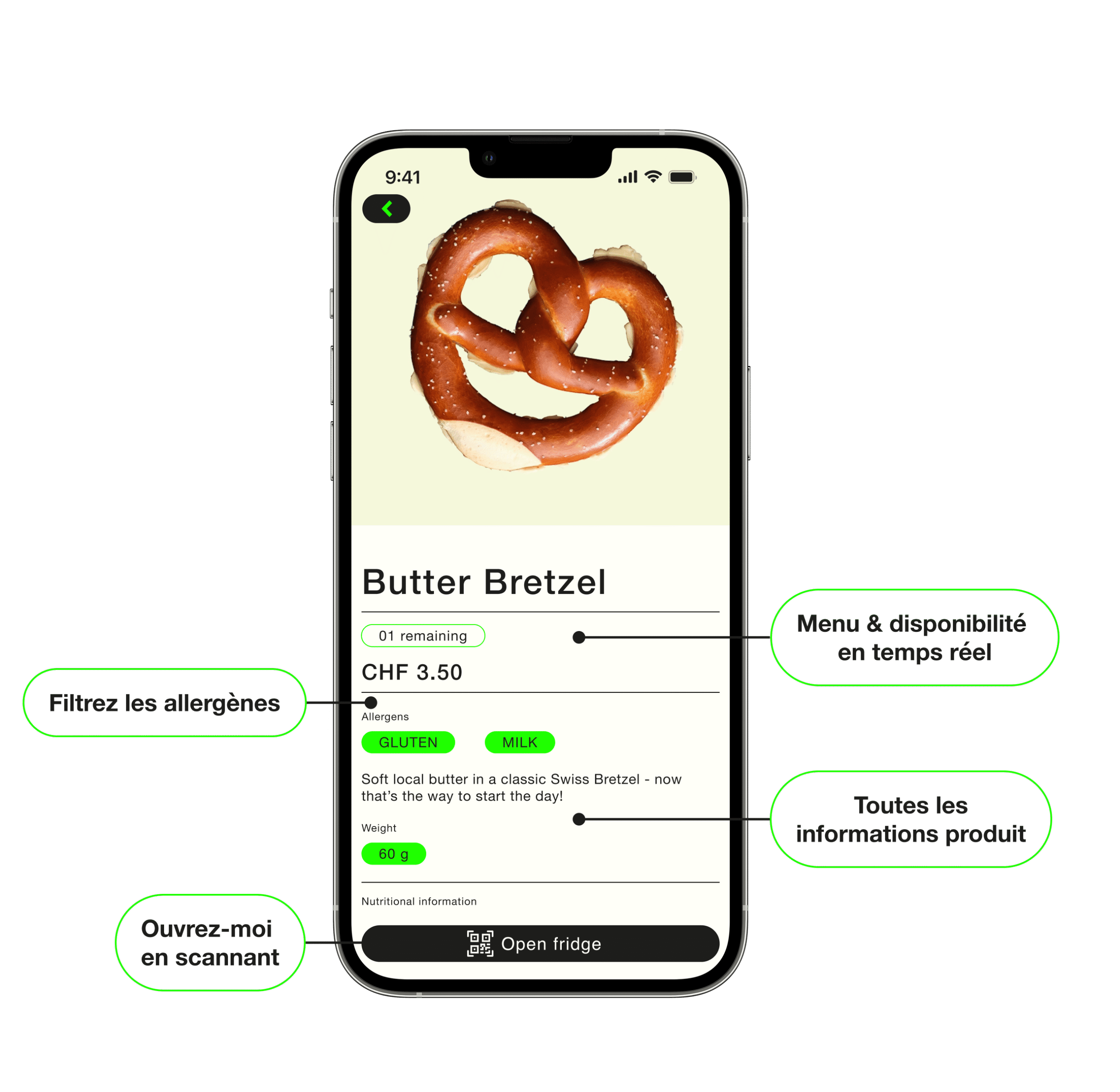 Explication de la section de l’application Qibi : filtre des allergènes, menu & stock en direct, informations complètes sur les produits, scanner & déverrouiller